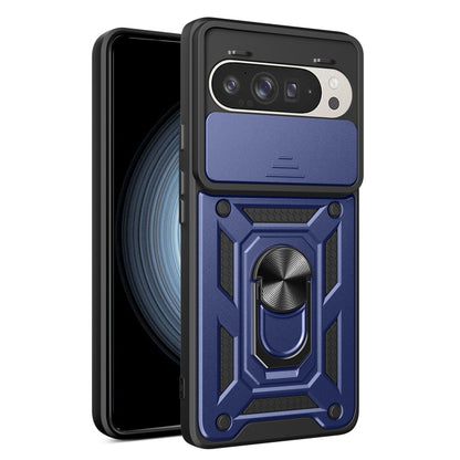 Blue sliding camera cover phone case with rugged geometric pattern and metal lens guard
