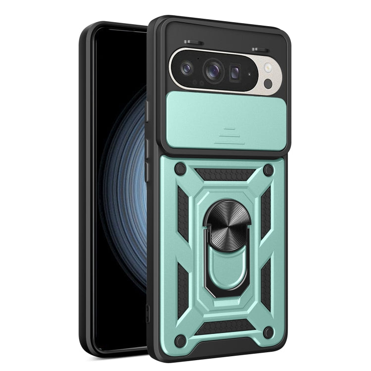Green sliding camera cover phone case with rugged geometric pattern and metal lens guard