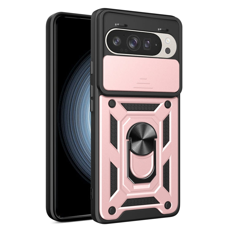 Pink sliding camera cover phone case with rugged geometric pattern and metal lens guard