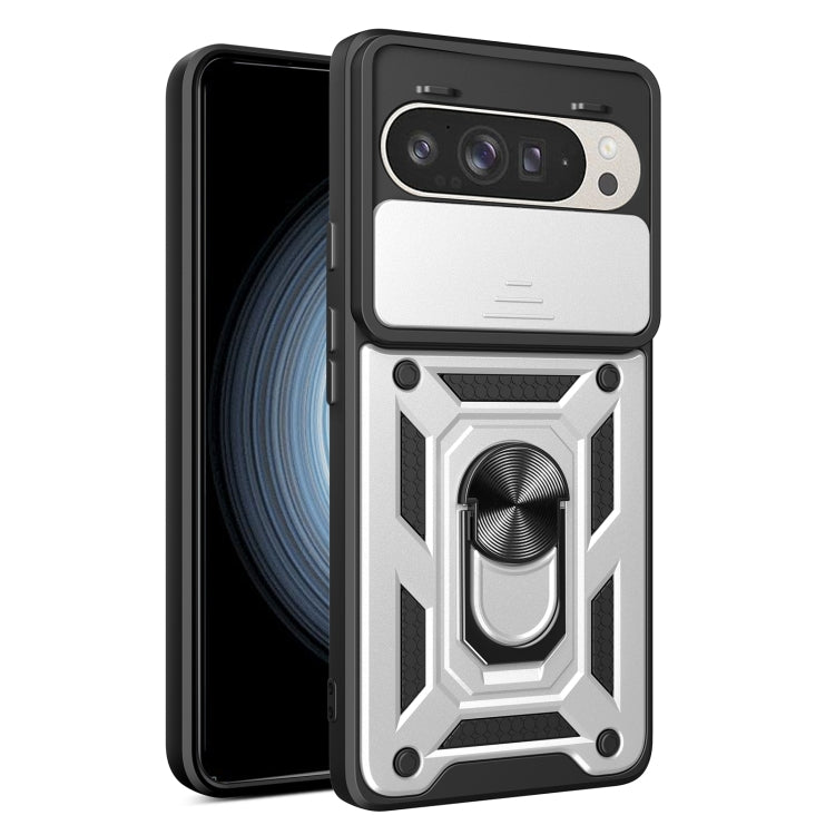 Silver sliding camera cover phone case with rugged geometric pattern and metal lens guard
