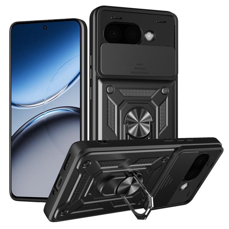 Black rugged phone case with sliding camera cover and ring holder; protective stand
