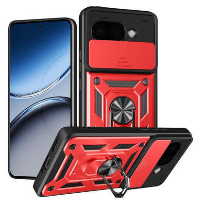 Red sliding camera cover rugged phone case with textured pattern and ring holder