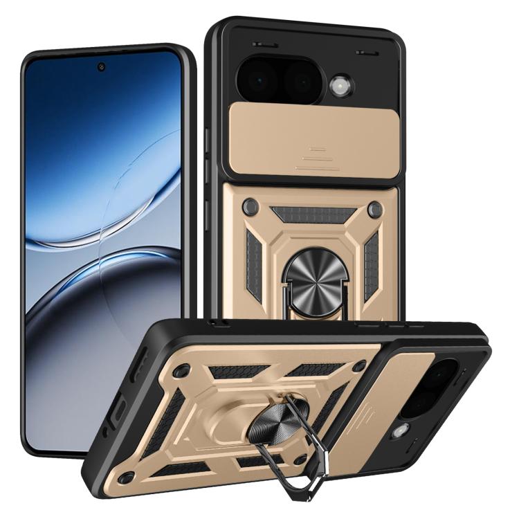 Gold sliding camera cover rugged phone case with textured frame and ring holder