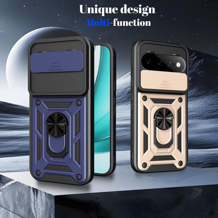 Rugged phone cases set: blue and beige colors with sliding camera cover and kickstand