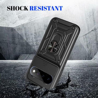 Black rugged phone case with sliding camera cover and textured protective frame