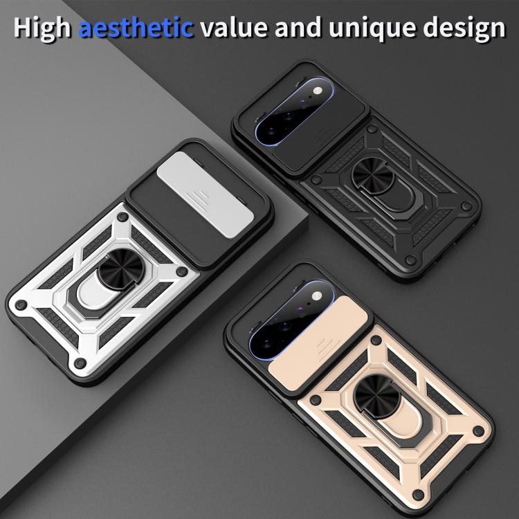 Rugged phone cases with geometric design and sliding camera cover, kickstand included