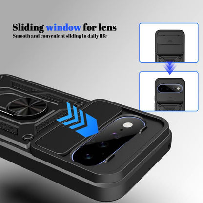 Black rugged phone case featuring sliding window for camera lens and textured armor