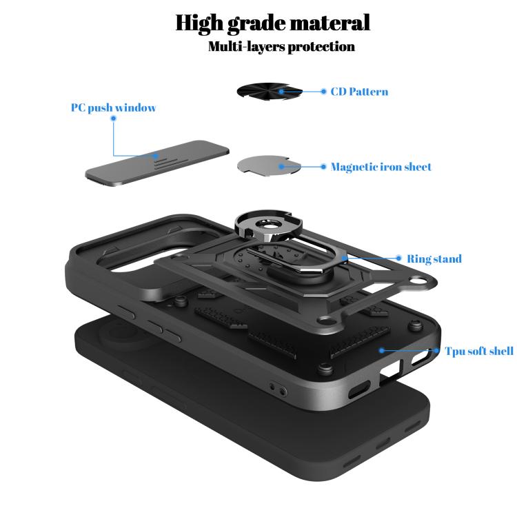 Black phone case parts diagram showing layered protection and sliding camera window