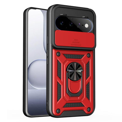 Red and black rugged phone case with sliding camera cover and raised kickstand ring