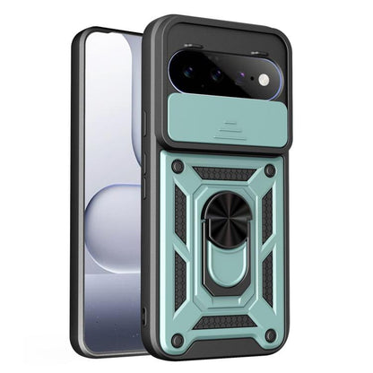 Teal sliding camera cover rugged phone case with textured panel and ring holder