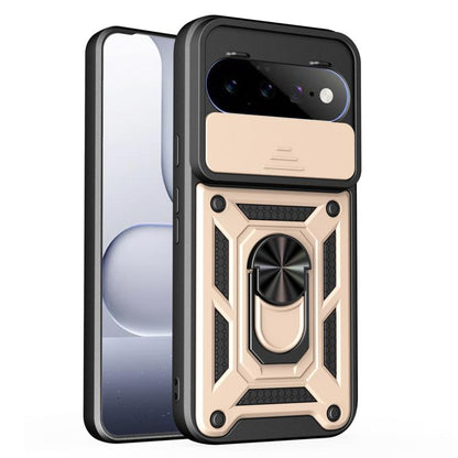 Beige sliding camera cover rugged phone case with textured frame and ring holder
