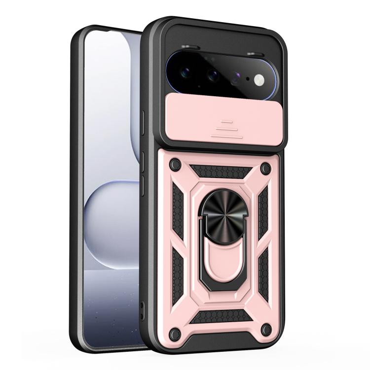 Pink sliding camera cover rugged phone case with textured accents and ring holder