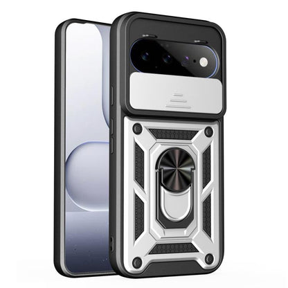 White sliding camera cover rugged phone case with textured border and ring holder