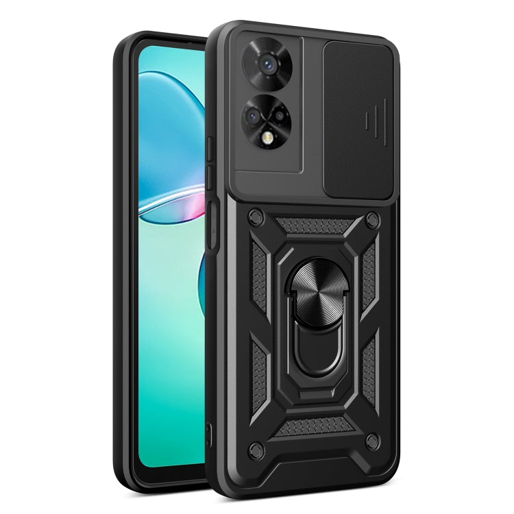 Rugged phone case with sliding camera cover, all-black, built-in ring grip
