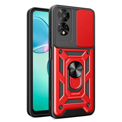 Rugged phone case with sliding camera cover, red and black, built-in ring grip