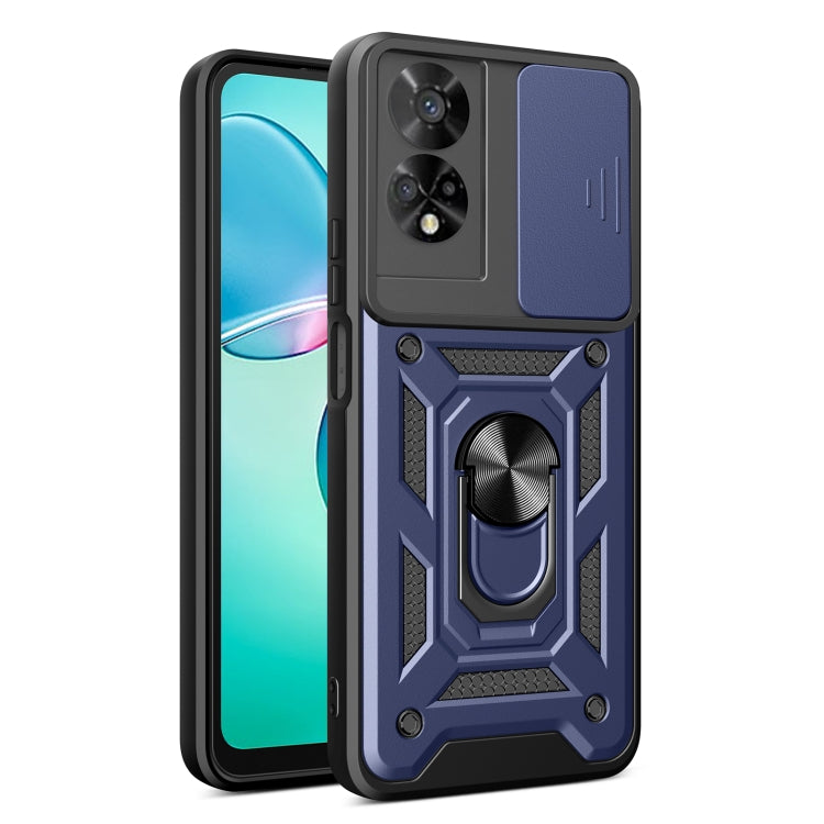 Rugged phone case with sliding camera cover, blue and black, built-in ring grip
