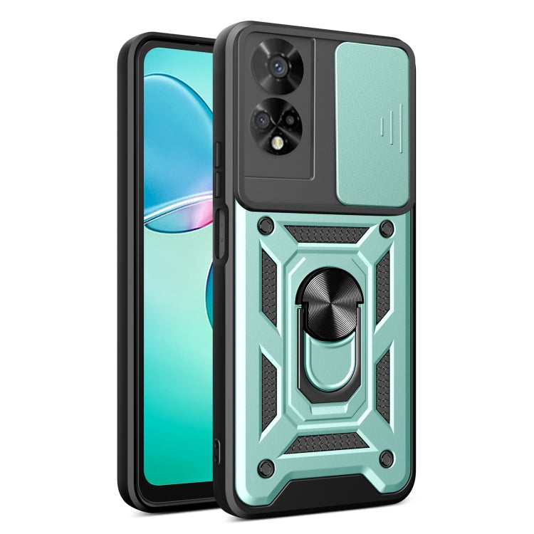 Rugged phone case with sliding camera cover, mint and black, built-in ring grip