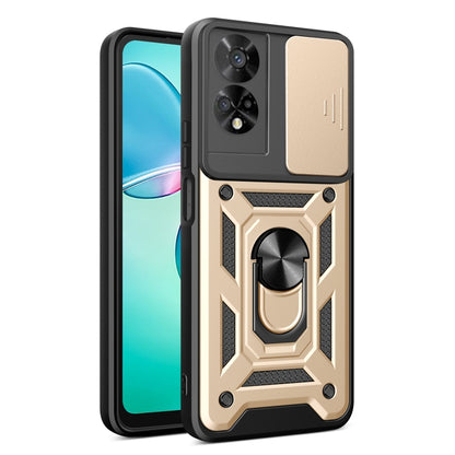 Sliding camera cover phone case with rugged armor design, black and gold