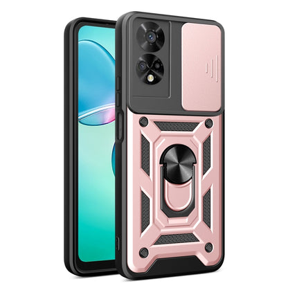 Sliding camera cover phone case with rugged armor design, black and rose
