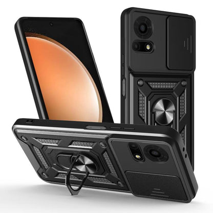 Black TPU PC phone case with sliding camera cover and built-in kickstand ring