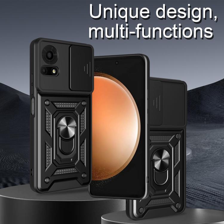 Black phone case with sliding camera cover, textured grip, and metal kickstand