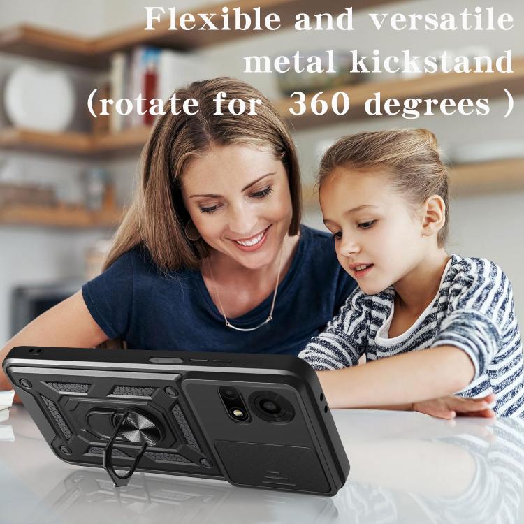 Black phone case with metal kickstand and sliding camera cover for daily use