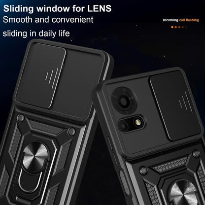 Black phone case featuring sliding lens cover over dual camera openings