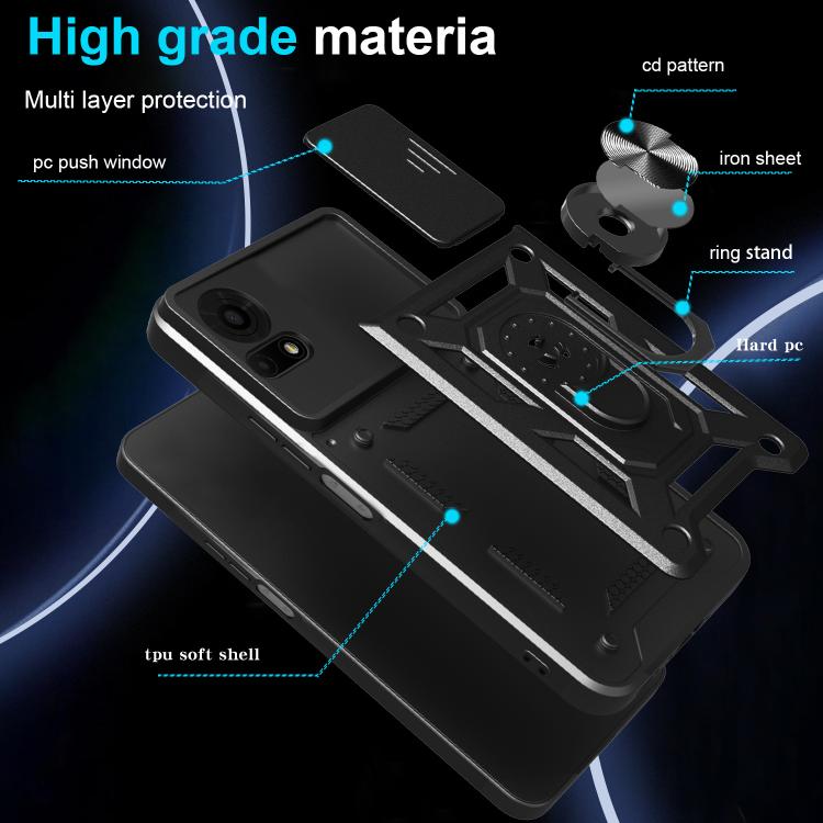Black multi-layer protective phone case with sliding camera cover and ring stand
