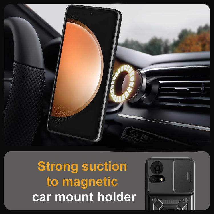 Black phone case with sliding camera cover and magnetic car-mount holder