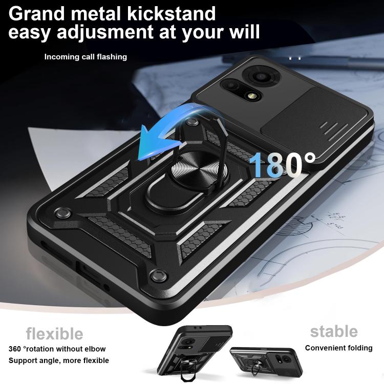 Black phone case with metal kickstand, sliding camera cover, and foldable hinge