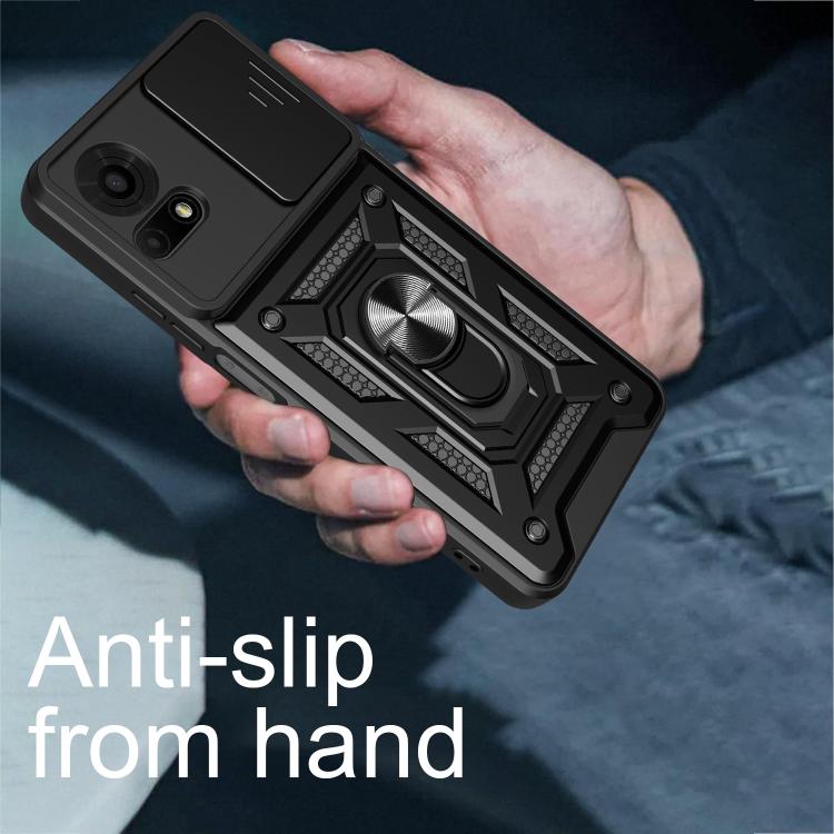 Black phone case with anti-slip texture, sliding camera cover, and metal kickstand