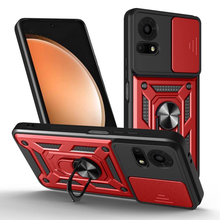 Rugged phone case with sliding camera cover, red and black, built-in ring grip