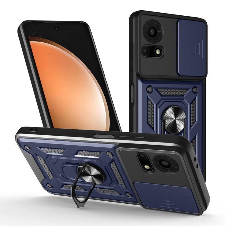 Rugged phone case with sliding camera cover, blue and black, built-in ring grip