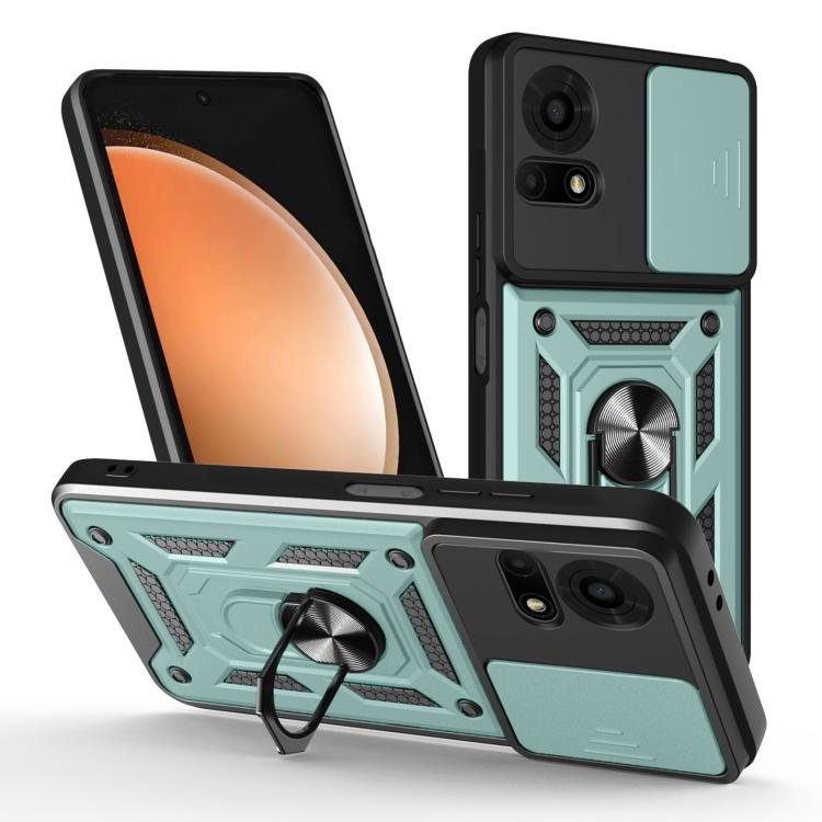 Rugged phone case with sliding camera cover, teal and black, built-in ring grip