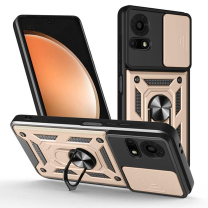 Rugged phone case with sliding camera cover, beige and black, built-in ring grip