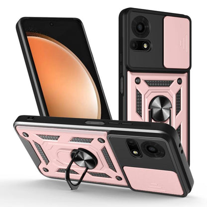 Rugged phone case with sliding camera cover, pink and black, built-in ring grip