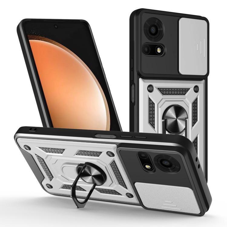 Rugged phone case with sliding camera cover, gray and black, built-in ring grip