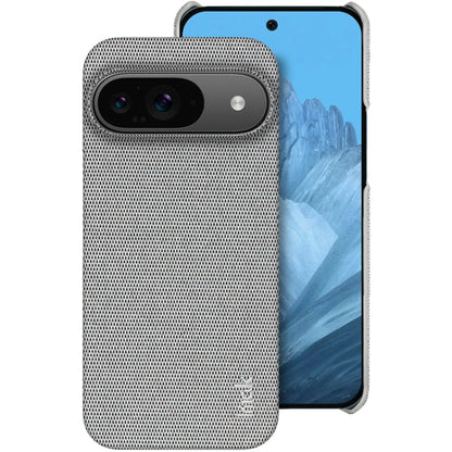 Light grey textured fabric-look phone case with camera lens cutout and logo