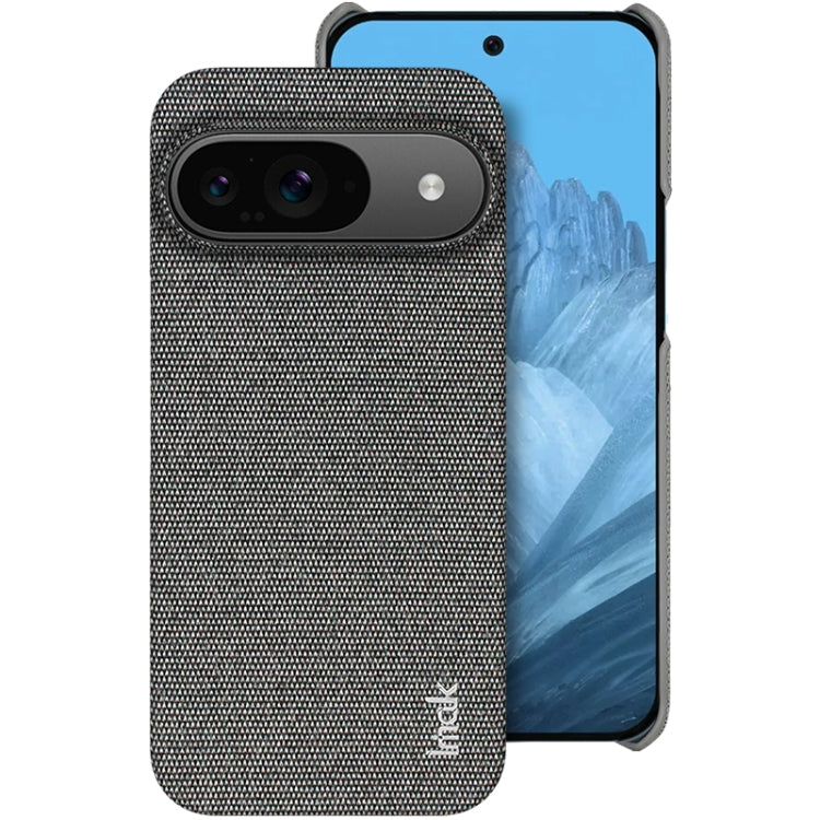 Dark grey textured fabric-look phone case with camera lens cutout and logo