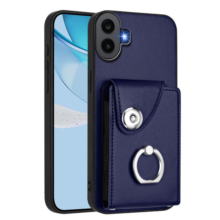 Navy phone case with card holder and metal ring grip on the back
