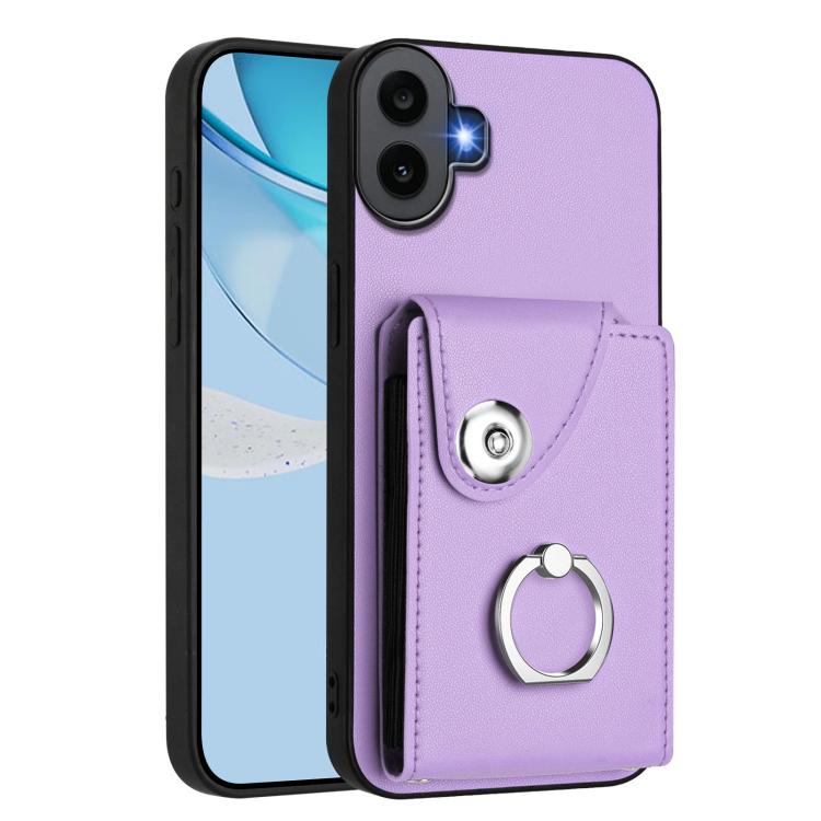 Purple phone case with card holder and metal ring grip on the back