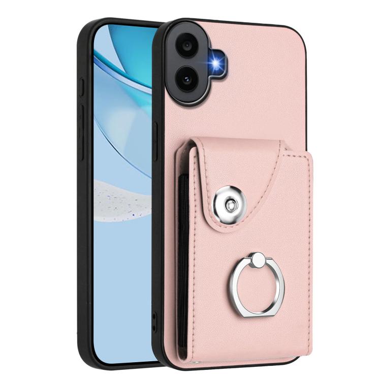 Pink phone case with card holder pocket and metal ring grip on the back