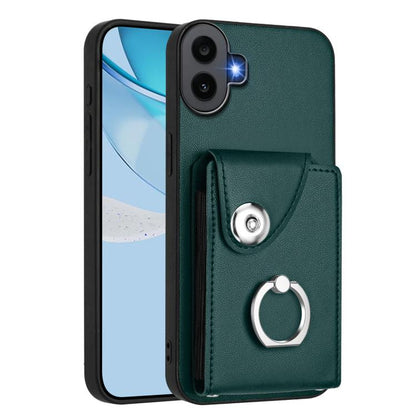 Green phone case with card holder pocket and metal ring grip on the back
