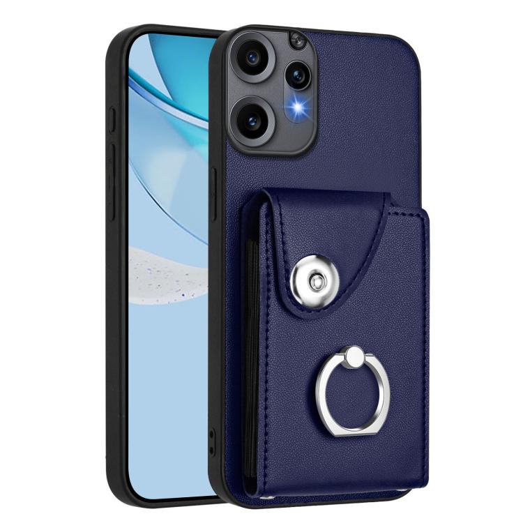 Blue phone case with card slot, snap flap, and metal ring holder