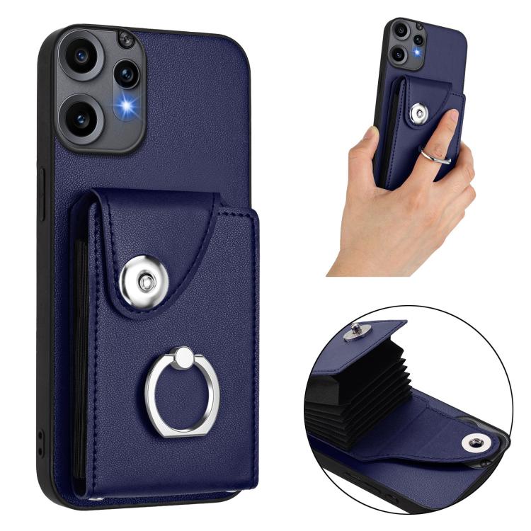 Blue phone case with side card sleeve and adjustable metal ring holder