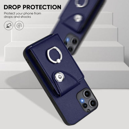 Blue phone case with protective front flap and metal ring holder
