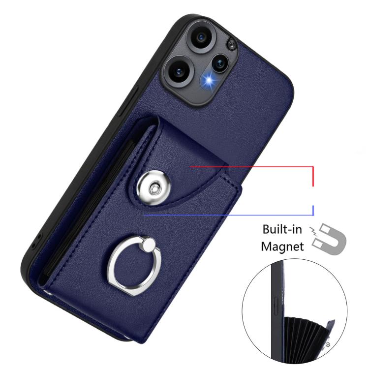 Blue phone case with built-in magnet snap and metal card ring holder