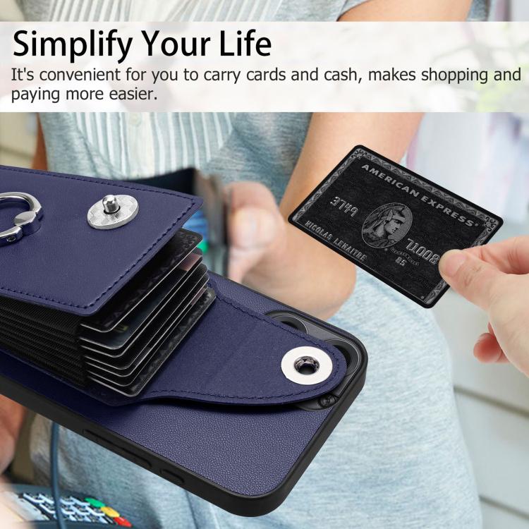 Navy phone case with card slots and metal ring holder, cash-ready pocket