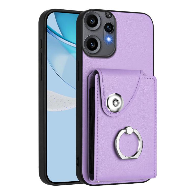 Purple phone case with card slot, snap flap, and metal ring holder