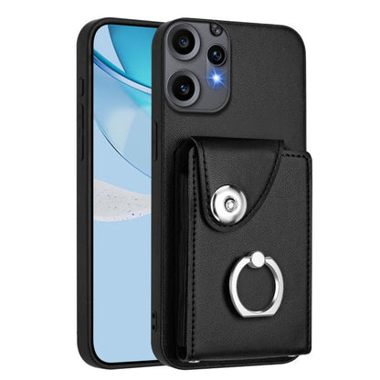Black phone case with card slot, snap flap, and metal ring holder